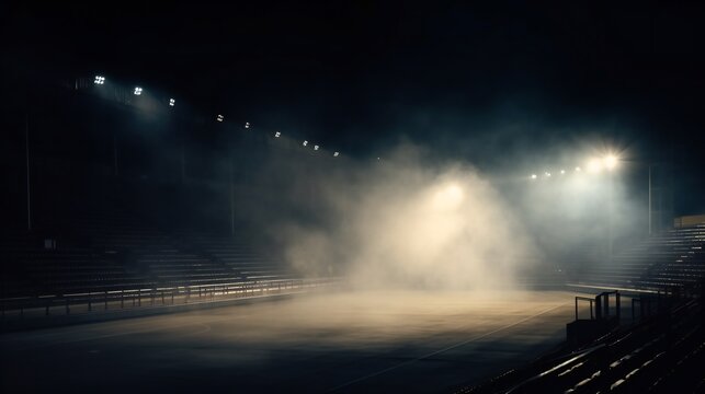Cowboy bull riding arena with bright lights and smoke.