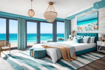 A coastal-themed bedroom with seashell decor, beachy colors, and a window overlooking the ocean.