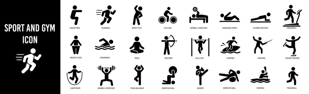 Gym and fitness icon set. Healthy lifestyle. Solid icons