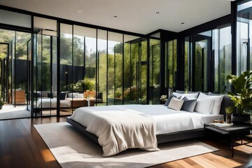 A contemporary bedroom with a glass wall that opens to a lush garden, blurring the distinction between indoors and outside. - obrazy, fototapety, plakaty