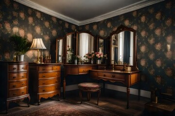 A vintage bedroom with antique furniture, floral wallpaper, and a mirror-topped vanity table