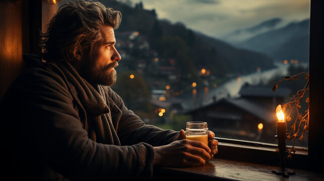 A wide horizontal photo banner image of handsome man drinking a coffee near a window in a cold day with misty mountain background outside 