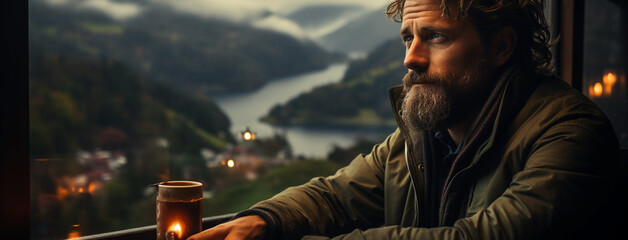 A wide horizontal photo banner image of old man thinking and looking outside from a topical hotel window in night and river background