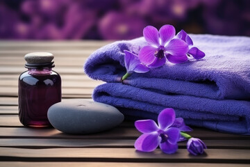 Spa composition with essential oil, violet flowers and towels 