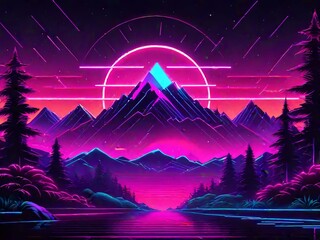 Aesthetic mountain synthwave retrowave wallpaper with a cool and vibrant neon design - obrazy, fototapety, plakaty