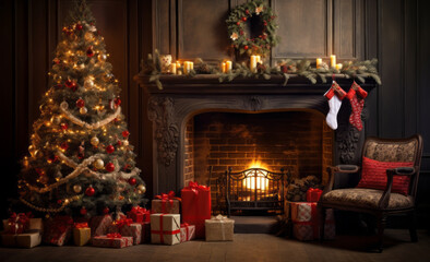 A Cozy Christmas Living Room with a Festive Tree and Warm Fireplace