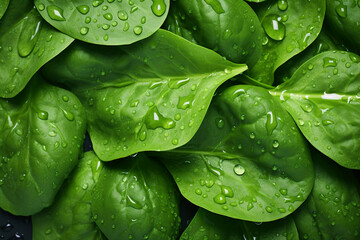 fresh green spinach leaves with water drops background. Vegetables backdrop - obrazy, fototapety, plakaty