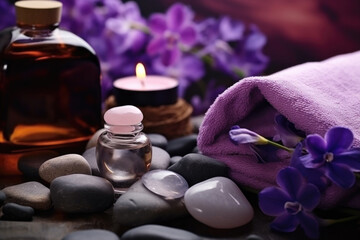 Obraz na płótnie Canvas Spa composition with essential oil, violet flowers and towels 