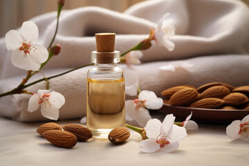 Fototapeta premium Spa composition with almond essential oil, flower and towels 
