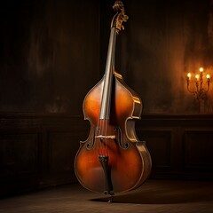 Close-up of double bass, wooden musical instrument that is played with a bow - obrazy, fototapety, plakaty