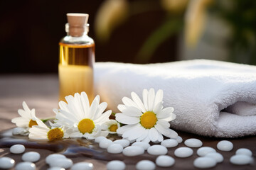 Fototapeta na wymiar Spa composition with essential oil, chamomile flowers and towels 