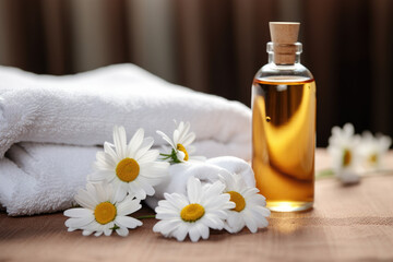 Spa composition with essential oil, chamomile flowers and towels 