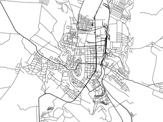 Vector road map of the city of Kamianets-Podilskyi in Ukraine with black roads on a white background.