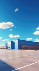 Obraz premium Expansive warehouse-style building with a vast parking lot under a beautiful blue sky, showcasing a colossal structure with an undefined purpose, creating an impressive and open industrial landscape.