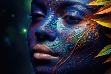 Colorful body paint of nature on woman's face