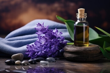 Spa composition with essential oil, Hyacinth flowers and towels 