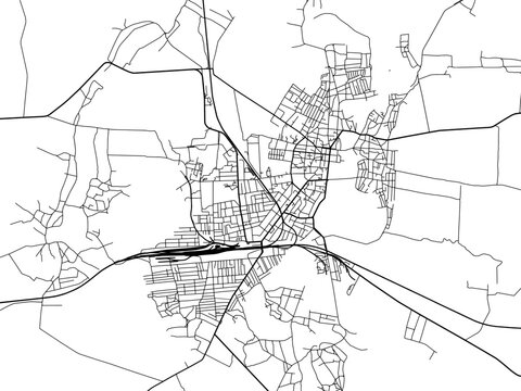 Vector road map of the city of Konotop in Ukraine with black roads on a white background.