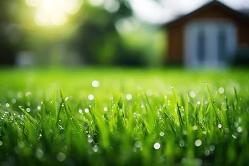 Schilderijen op glas Morning dew on green grass, raindrops, lawn in front of a house. © vlntn