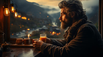 A wide horizontal photo banner image of handsome man drinking a coffee near a window in a cold day with misty mountain background outside  - obrazy, fototapety, plakaty