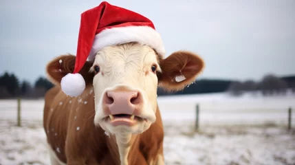 Gordijnen Portrait of a cow in Santa hat. Christmas background. © vlntn
