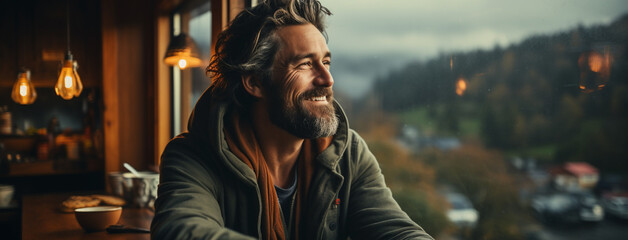A wide horizontal photo banner image of handsome tourist man looking outside from a window and drinking a coffee with smile in a cold day with misty mountain background outside  - obrazy, fototapety, plakaty