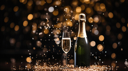 Champagne bottle and glasses on bokeh background. New Year celebration.