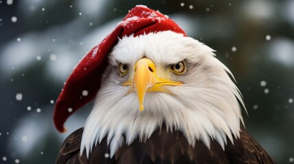 Portrait of eagle in Santa hat. Christmas background.