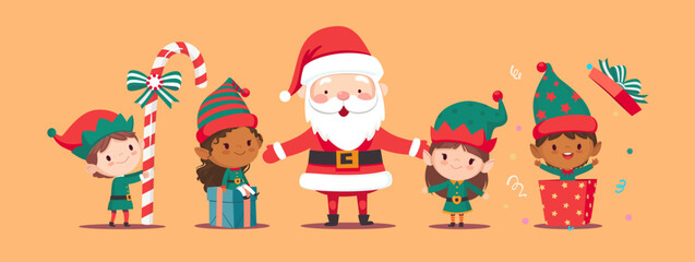 Collection of Christmas elves and Santa Claus isolated. Bundle of little Santa's helpers holding holiday gifts and decorations. Set of adorable cartoon characters. Flat vector illustration. - obrazy, fototapety, plakaty