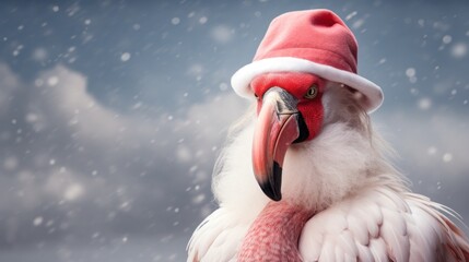 Portrait of a flamingo in Santa hat. Christmas background.