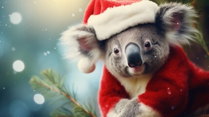 Portrait of a koala in Santa hat. Christmas background.