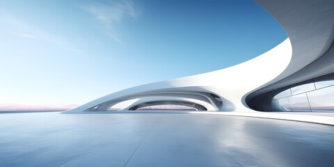 3d render of abstract futuristic architecture with empty concrete floor. Scene for car presentation,blue sky