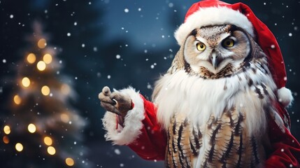 Portrait of a owl in Santa hat. Christmas background.
