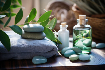 Obraz na płótnie Canvas Spa composition with eucalyptus essential oil, leaves and towels 