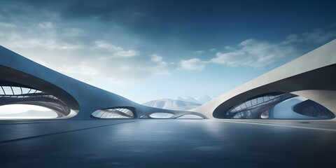 3d render of abstract futuristic architecture with empty concrete floor. Scene for car presentation,blue sky