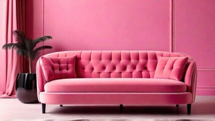 Fashionable comfortable stylish pink fabric sofa with black legs on pink background with shadow. Pink interior, showroom, single piece of furniture.