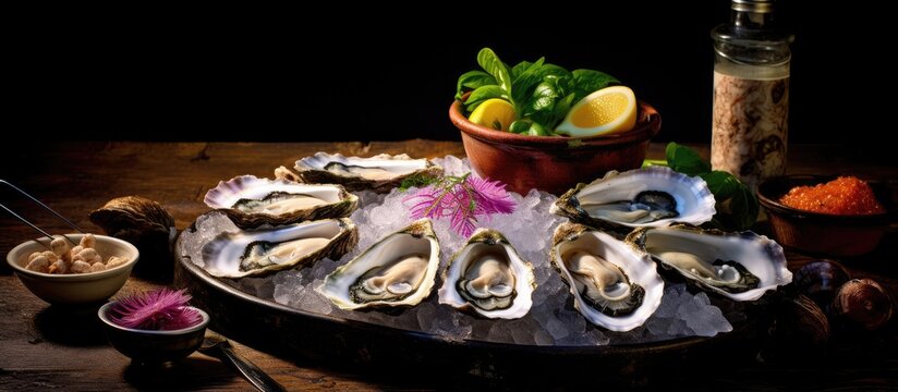I enjoyed a delicious gourmet meal of seafood delicacies including oysters and seashells seasoned with a refreshing hint of lemon while dining by the Atlantic sea in Asturias savoring every