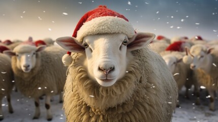 Portrait of a sheep in Santa hat. Christmas background.