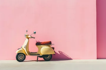 Schilderijen op glas Vintage yellow scooter against pink wall © Anna