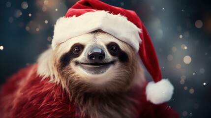 Portrait of a sloth in Santa hat. Christmas background.