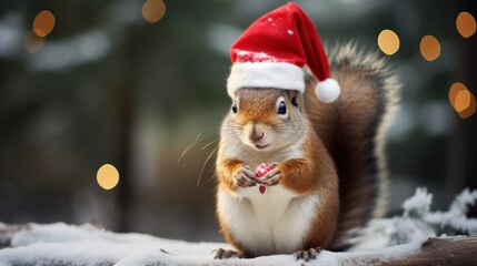 Portrait of a squirrel in Santa hat. Christmas background.