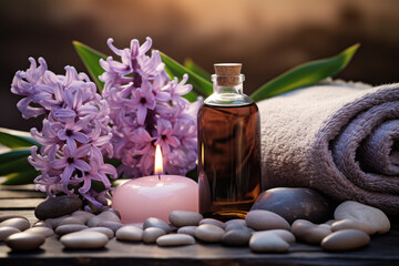 Fototapeta na wymiar Spa composition with essential oil, Hyacinth flowers and towels 