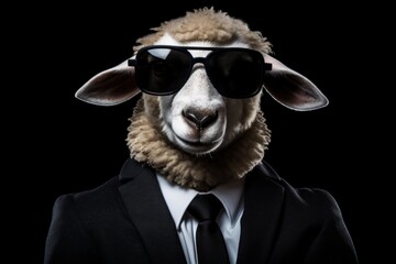 Funny sheep with sunglasses in a suit on a black background.