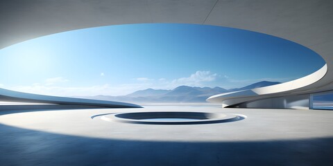 3d render of abstract futuristic architecture with empty concrete floor. Scene for car presentation,blue sky