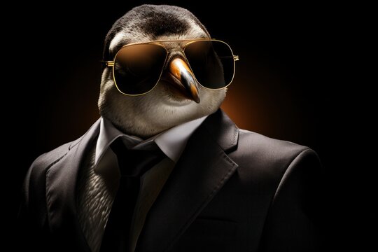 Funny penguin with sunglasses in a suit on a black background.