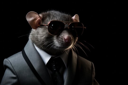 Funny rat with sunglasses in a suit on a black background.