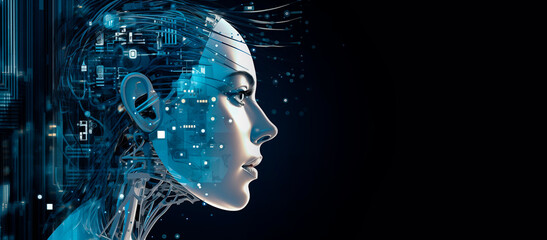 A woman's face combined with electronics. AI or artificial intelligence in the image of the robot's head. Cyborg in the form of a girl with an electronic brain. Copy space