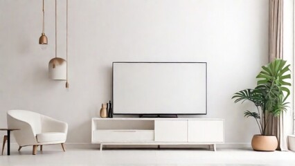 White color wall Background, minimal living room interior decor with a TV cabinet.