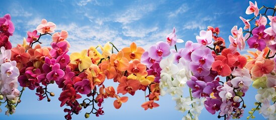 garden against a black frame colorful orchid petals create a beautiful background blending with the...