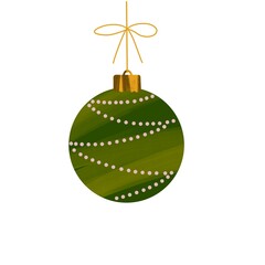 Christmas tree toy, green textured ball with pink dots, hand-drawn. Design element of the New Year's sale banner, print, postcard,  invitation on a white background