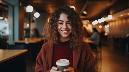 young gen z girl with cup of coffee and smartphone look at camera and smile , generated by AI - obrazy, fototapety, plakaty